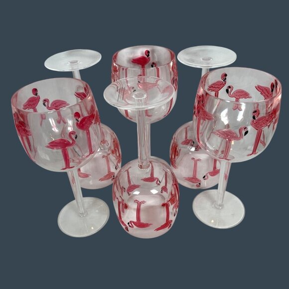 Pink Flamingo Clear Acrylic Wine Goblet Glasses Indoor Outdoor Pool Beach Party - Picture 10 of 10